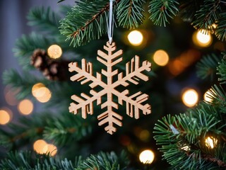 A close-up of a wooden snowflake ornament on a pine tree, showcasing intricate carvings and a natural, rustic design perfect for a cozy winter setting