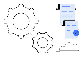 Two black outline gears on the left, a completed document with a blue check mark on the right, and a cloud below the document. Ideal for project management, workflow, efficiency, automation, and data