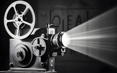 Black and white image of an old film projector