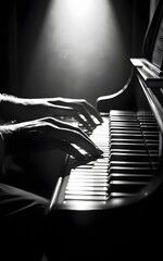 Black and white image of hands playing a piano