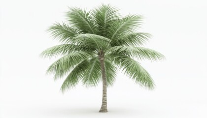 A tall palm tree with lush green fronds against a plain white background, symbolizing tropical environments and relaxation.