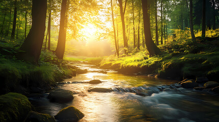 Obraz premium Sunlit forest stream. Sunlit Forest. Illustration