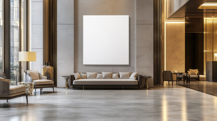 Wall art mock up, modern interior with blank canvas, elegant furniture, and warm lighting