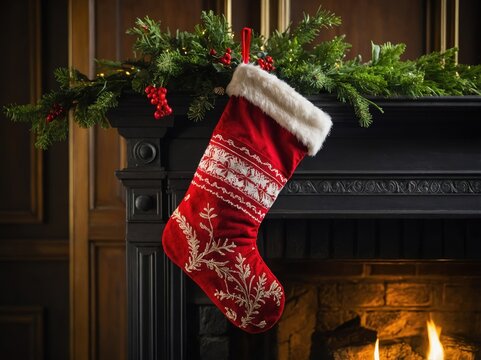 A festive Christmas stocking hanging above a cozy fireplace, beautifully decorated and ready to be filled with holiday treats, adding warmth to the holiday scene