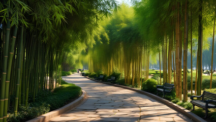Obraz premium A scenic bamboo-lined pathway in a public park, with sunlight filtering through the leaves, inviting peaceful walks.