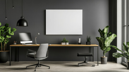 Wall art mock up, Modern office with blank canvas on wall, plants, and stylish furniture