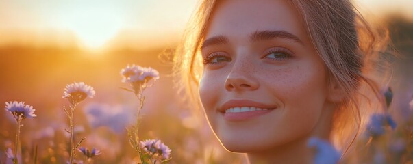 Fototapeta premium Cheerful woman surrounded by wildflowers at sunset, representing a healthy lifestyle and freedom, with a serene background for allergyrelated messaging