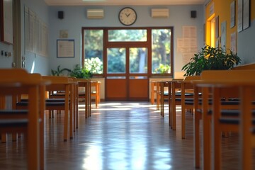 Empty room with desks and chairs. School, university, canteen. University banner, study, education, interior