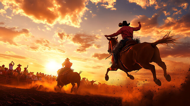 Cowboy riding horse during sunset at rodeo event, dust clouds and spectators in background.