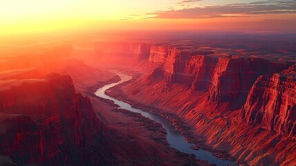 Fototapeta premium A breathtaking view of a canyon at sunrise, showcasing vibrant reds and oranges that create a stunning contrast with the blue sky and flowing river below.