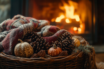 Obraz premium November mood. Autumn composition on a Hygge style background. wicker basket with plaid, pinecones and decorative pumpkins by the lit chimney