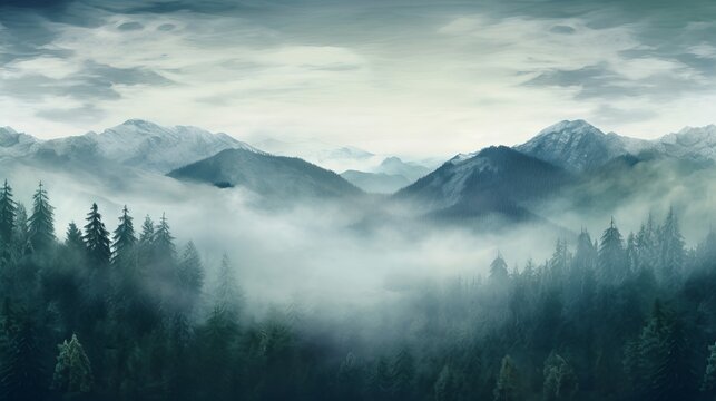 A misty mountain landscape with a touch of snow. The trees in the foreground are blurred by the fog.