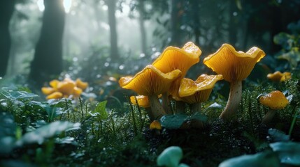 A group of bright yellow mushrooms grow amongst the lush green forest floor. The mushrooms are in focus, while the surrounding trees and foliage are blurred.