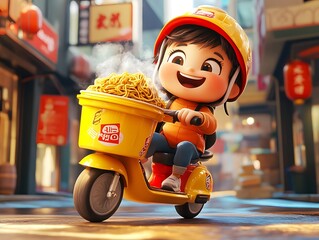 A cheerful cartoon-style delivery person riding a scooter