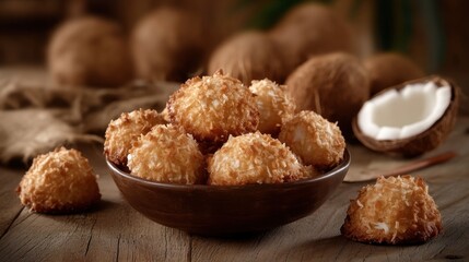 Freshly Baked Coconut Cookies on Wooden Table
