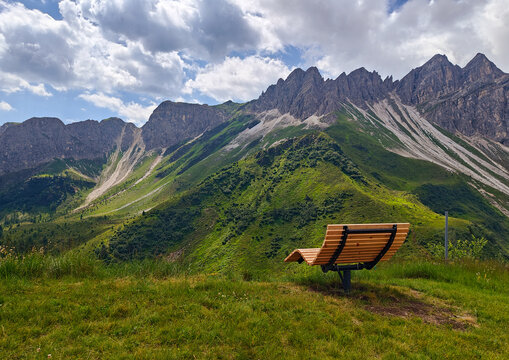 Wooden bench in the mountains. Val di Fleres, Vipiteno, Italy.