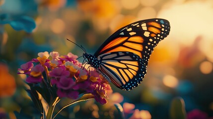 A monarch butterfly with orange and black wings delicately perched on a cluster of vibrant pink and yellow flowers.