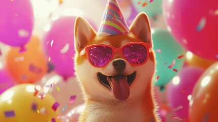 Festive Dog Celebration with Colorful Balloons