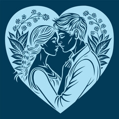 Romantic Silhouette of Couple in Heart with Floral Design