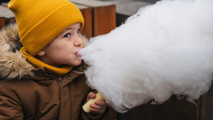 Little boy eating cotton candy on a stick in the Park.