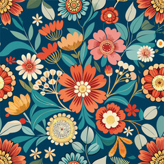 Vibrant Floral Pattern on Dark Blue Background