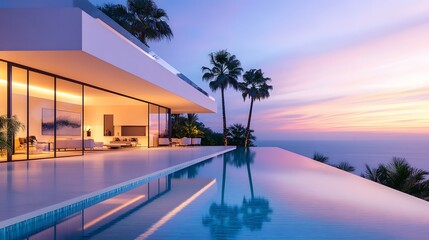Fototapeta premium Modern luxury villa exterior at dusk with infinity pool, floor-to-ceiling windows, warm sunset sky, palm trees silhouette, premium architectural design.