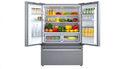 A stainless steel refrigerator is fully stocked with fresh fruits, vegetables, and beverages.