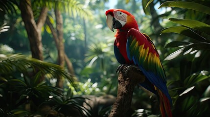 Obraz premium A scarlet macaw perches on a branch in a lush, green jungle.