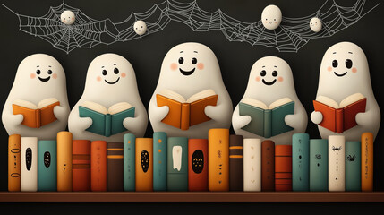 Obraz premium Illustration of four cute ghost characters reading books on a bookshelf with decorative cobwebs and smiling spiders above.