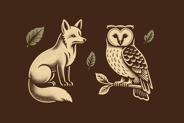 Fox and owl. intage vector hand drawn illustration, emblem, logo, cut out. Brown background