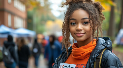 Young volunteer handing out "Vote" flyers on a college campus.