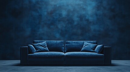 A blue couch is sitting in front of a wall