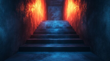 A staircase with a blue and red light on the wall