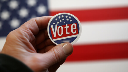 Close-up of hand holding "Vote" sticker with faint American flag in the background.