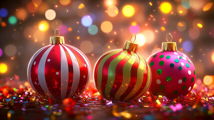 Three colorful, glittery Christmas ornaments rest on a shimmering surface, with a vibrant, festive bokeh background.