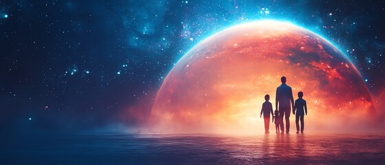Parents with children under a large protective dome, symbolizing family care and security, futuristic design, natural lighting, vibrant colors, highly detailed