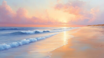 A serene seascape with a golden sunrise over the ocean and sandy beach. The sky is filled with soft pink and orange clouds.