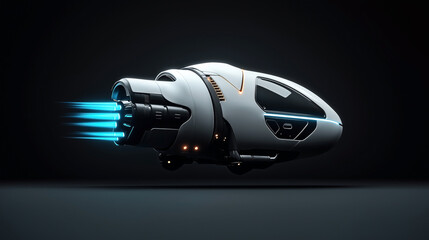 Futuristic flying vehicle with glowing blue thrusters in a dark space environment, showcasing sleek aerodynamic design and advanced technology elements.