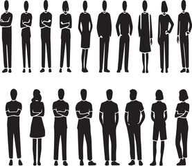silhouette vector set of human characters in various standing and crossed-arm poses, minimalistic design icons for people illustrations and social communication concepts