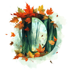 Autumnal Letter D with Falling Leaves and Forest View