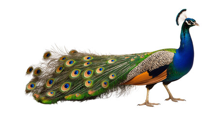 Obraz premium A peafowl or peacock with long feathers on a transparent PNG or white background.
