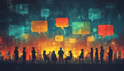 Artistic depiction of a chatbot engaging in a conversation with users, surrounded by informative speech bubbles, illustrating the role of AI in enhancing communication