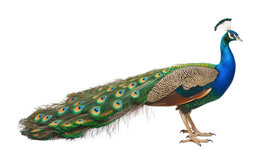 Obraz premium A peafowl or peacock with long feathers on a transparent PNG or white background.