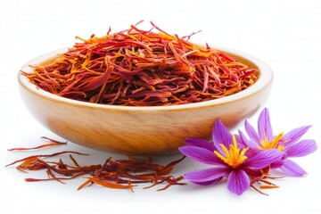 Fototapeta premium Hebras de azafrán en un tazón de madera junto a flores moradas de azafrán en un fondo claro. La imagen destaca los ingredientes exóticos y coloridos.
