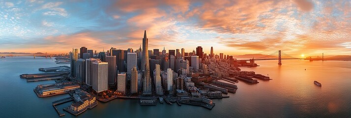 Obraz premium Panoramic photo of the San Francisco skyline at sunrise, with the Golden Gate Bridge in the background
