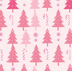 Obraz premium Pink Christmas trees and candy cane patterns, pink background, white lines, vector illustration