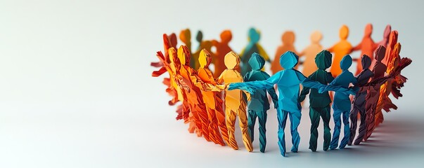 Creative depiction of paper people of various colors standing hand in hand in a circle, emphasizing unity and community support, with generous copyspace for branding