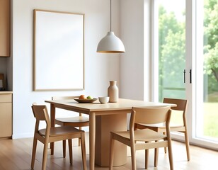 Fototapeta premium A minimalist dining room with a wooden table and four wooden chairs, a Blank white mockup on the wall, and a large window overlooking greenery outside.