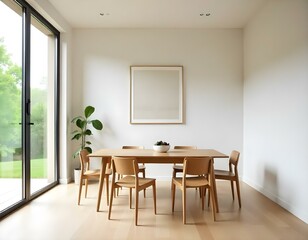 Fototapeta premium A minimalist dining room with a wooden table and four wooden chairs, a Blank white mockup on the wall, and a large window overlooking greenery outside.