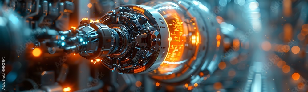 Poster a futuristic machinery close-up showcasing intricate metallic details and glowing orange elements, e